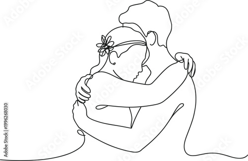 Continuous line drawing of a couple embracing embrace