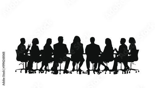 Conference table features a large group of professionals sitting together during a formal meeting.