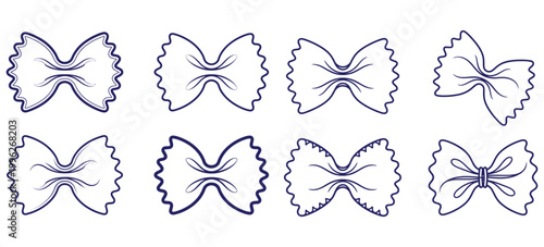 Italian farfalle pasta shapes line art illustrations collection for culinary design restaurant menus and food branding.