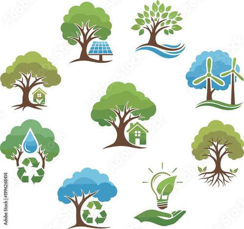 Green Ecology Tree Icon Set Solar Wind Water Energy Sustainability Conservation Vector Illustration