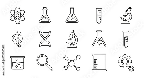 Collection of science and chemistry icons in a doodle style.