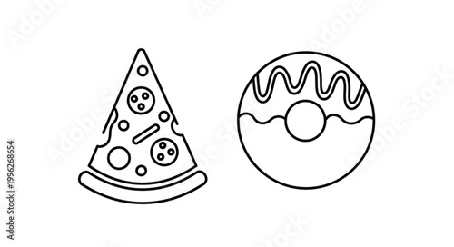 Outline of a slice of pepperoni pizza and a frosted donut.