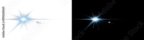 Bright blue starburst light effect with lens flare on transparent and black.