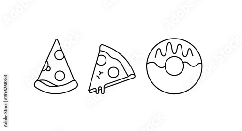 Hand drawn pizza slices and donut illustration.
