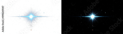 Bright star explosion with blue light flares and small particles on transparent background.