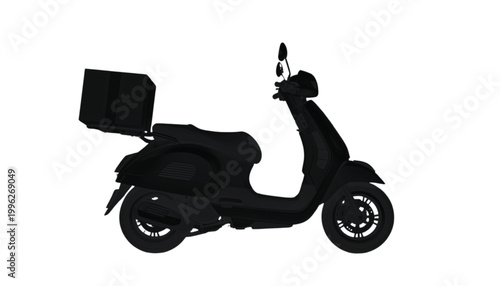 Scooter carries a delivery cargo box mounted on the rear rack against a plain white background.