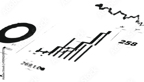 Charts display financial growth metrics with bar graphs and circular diagrams on a white surface.