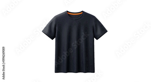Vector illustration of black tshirt with subtle abstract pattern and orange inner neck trim on a transparent background