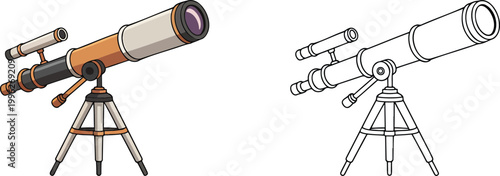 Astronomical telescope illustration & outline set isolated on transparent background