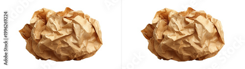 Crumpled brown paper ball texture on transparent background isolated.