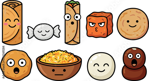 Cute Kawaii Food Characters Set Featuring Wrap Roll, Candy, Burrito, Fried Snack, Flatbread, Cookie, Rice Bowl, Mochi and Chocolate Cartoon Vector Illustration Collection