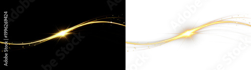 Abstract golden wavy light streak with glowing particles on black and transparent backgrounds.