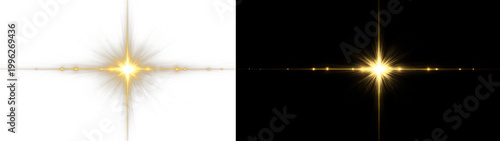 Golden starburst light explosion with horizontal and vertical beams on black background.