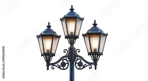 Vector illustration of vintage triple street lamp post on a transparent background