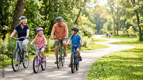 A multi-generational family enjoys a bike ride in a park on a sunny day. They are all wearing helmets and enjoying the fresh air and scenery