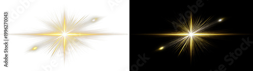 Golden starburst light effect isolated on transparent and black backgrounds.