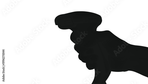Hand holding a scanning device is captured as a solid black silhouette against a stark white backdrop.