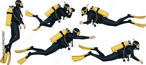 Scuba Diver Illustrations in Various Poses Including Swimming, Diving, and Exploring with Yellow Diving Gear