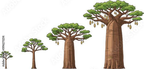 Baobab Tree Growth Stages Sequence from Sapling to Mature Giant African Vector Illustration