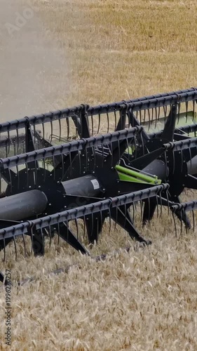A close-up of a combine harvester header during wheat harvesting. The machine smoothly cuts through the crop, raising a light cloud of dust and leaving neat rows behind.