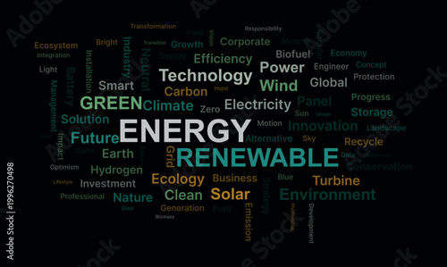 One vector design featuring an energy word cloud for environmental sustainability concept highlighting green technology and renewable solutions for corporate growth