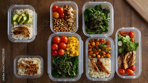 Assorted Healthy Meal Prep Containers with Chicken, Rice, and Fresh Vegetables