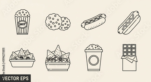 Collection of fast food and snack icons in outline style.
