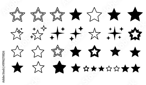 Trendy star vector icon bundle with sparkle shapes and rating symbols set