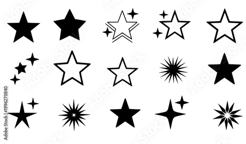 Modern star icon collection with sparkle shapes and rating symbols vector design