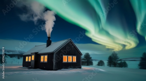 Small Wooden Cabin in Snow with Smoke and Aurora Borealis