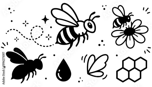 Bee vector illustrations and silhouettes with honeycomb and flowers