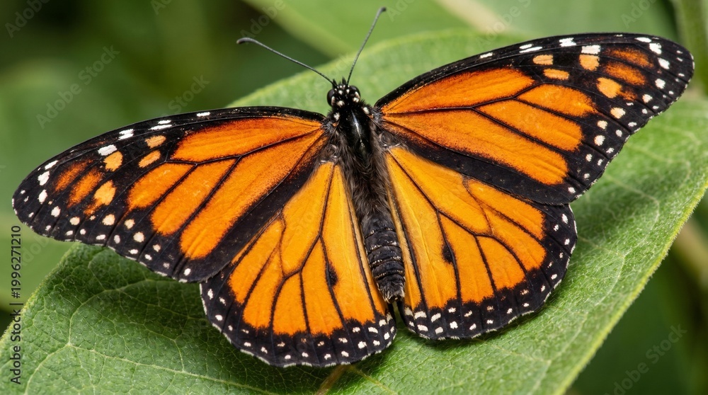 Fototapeta premium Macro Photography of a Beautiful Monarch Butterfly Resting on a Green Leaf