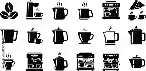 A set of black and white vector icons depicting various coffee cups and coffee makers