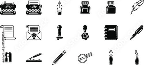 A set of black and white vector icons depicting various writing and office supplies on a clean white background