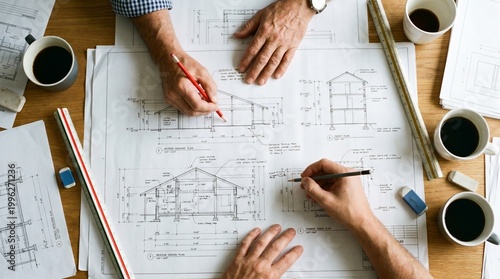 Schilderij op canvas Architects Hands Working on Building Blueprints and Architectural Drawings