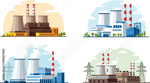 Power Plant Factory Illustrations with Cooling Towers, Smoke Stacks, and Energy Production Buildings in Different Color Schemes