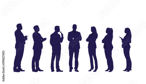 Managers stand in a row to demonstrate their professional authority and collective team vision.