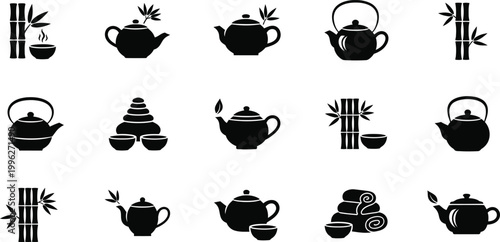 A set of minimalist tea icons and silhouettes with a bamboo theme
