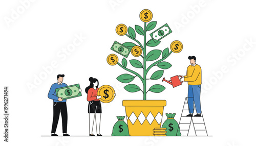 Money plant vector illustration with people growing wealth