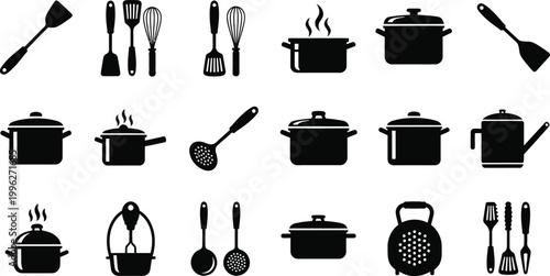 A set of black kitchen utensil and cookware icons on a white background