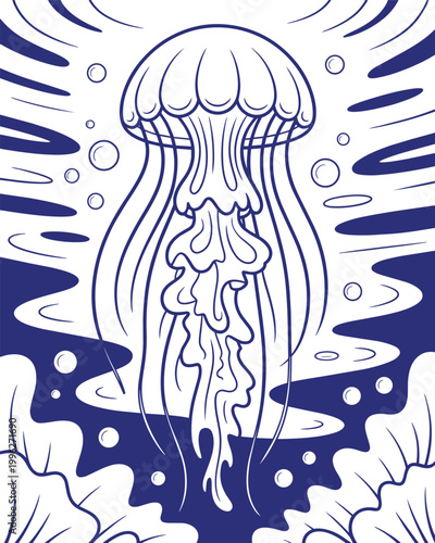 Jellyfish vector illustration with flowing tentacles and bubbles in abstract water minimal line art style