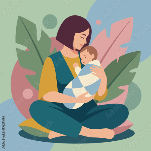 This heartwarming illustration depicts a mother holding her baby in a gentle embrace, symbolizing love, care, and the nurturing bond between parent and child.