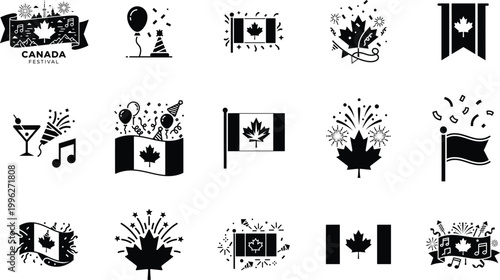 Canada day celebration black silhouette icons of flags fireworks and festive elements