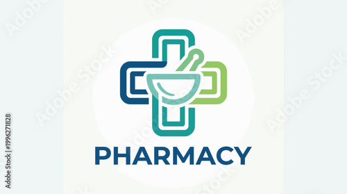 This pharmacy logo incorporates a blend of vibrant colors and symbols like the mortar and pestle, representing healing and health, ideal for a professional healthcare brand.