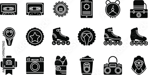 A set of black and white vector icons featuring various objects and symbols in a minimalist style