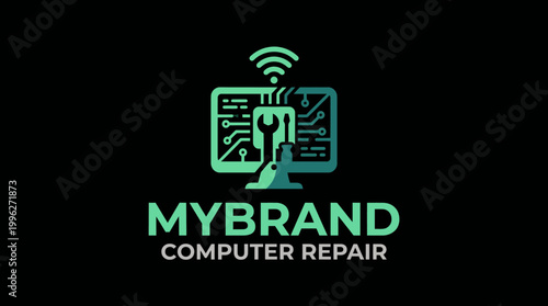 A sleek and modern logo design for a computer repair service, featuring elements that represent technology, maintenance, and a reliable digital support system.