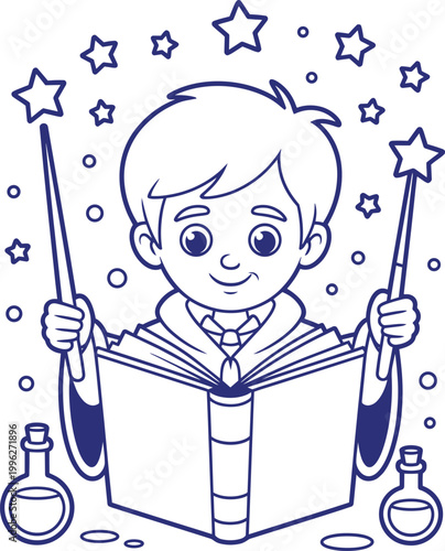 Little boy wizard holding wands reading magic book vector illustration coloring page with stars potions