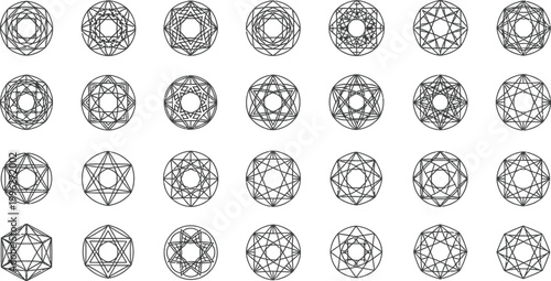 A collection of geometric sacred symbols and mandalas in a minimalist line art style
