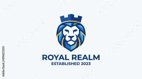 This majestic logo design features a lion's head with a crown, representing power and royalty, ideal for 'Royal Realm,' established in 2023 for a sophisticated branding.