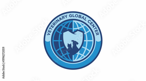 This image features a professional logo for a veterinary clinic, incorporating global elements to emphasize a commitment to animal care and a worldwide approach to veterinary services.